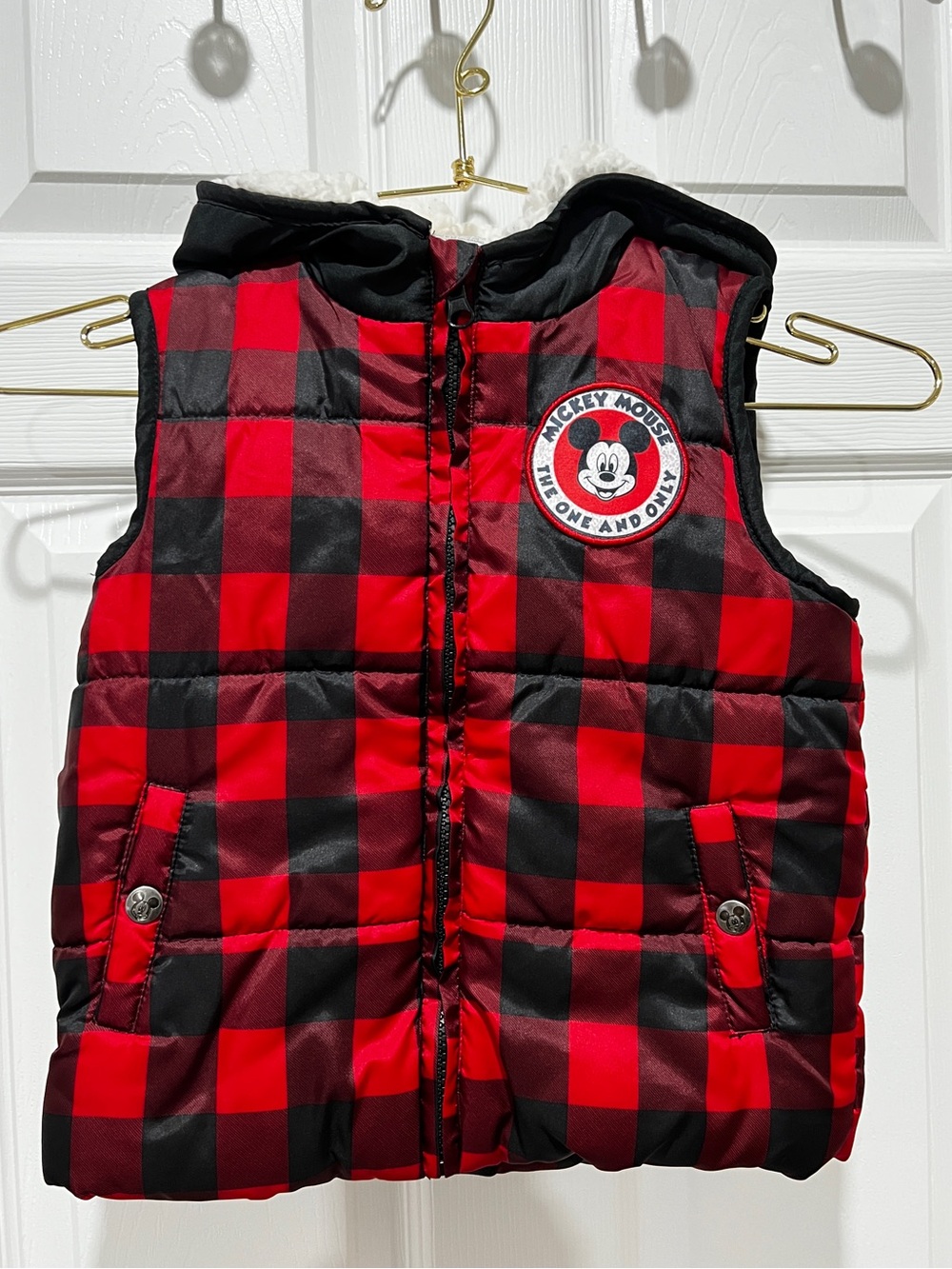 Disney Junior Mickey Hooded Plaid Puffer Vest Jacket Size 4 Toddler Kids - Picture 4 of 9